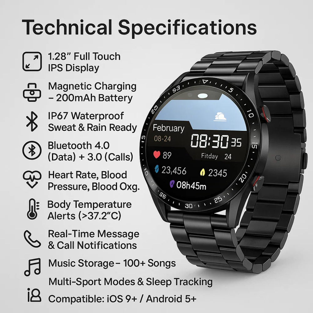 Diabetes Smartwatch with Glucose Monitoring – Non-Invasive Blood Sugar Tester for Health & Fitness