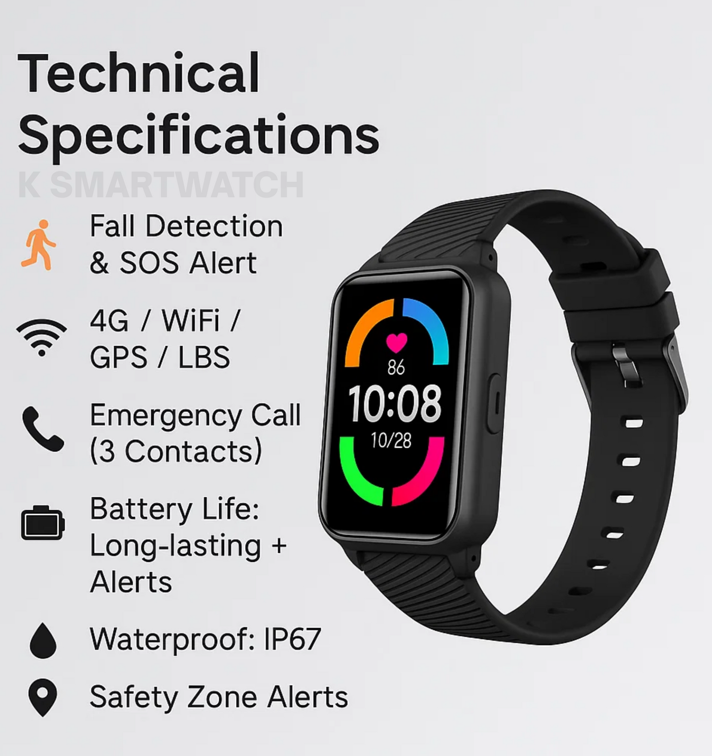 Fall Detection Watch for Seniors - 4G Medical Alarm with GPS & SOS Smart Watch
