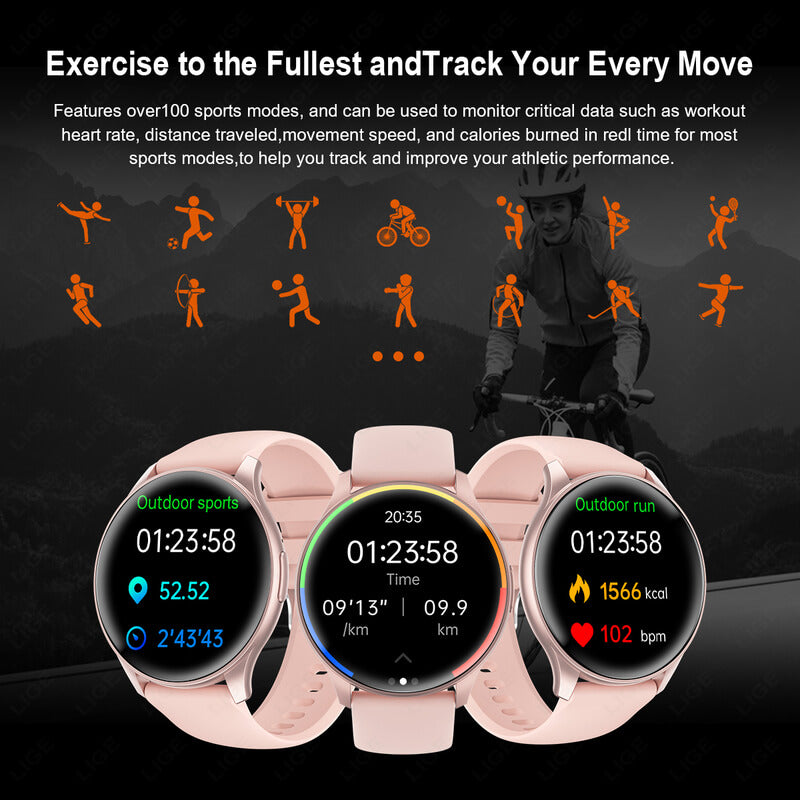 Pink Round Waterproof Lige Smartwatch for Women and Ladies
