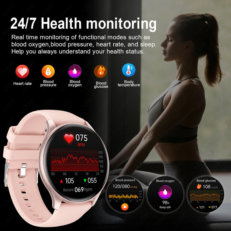 Pink Round Waterproof Lige Smartwatch for Women and Ladies