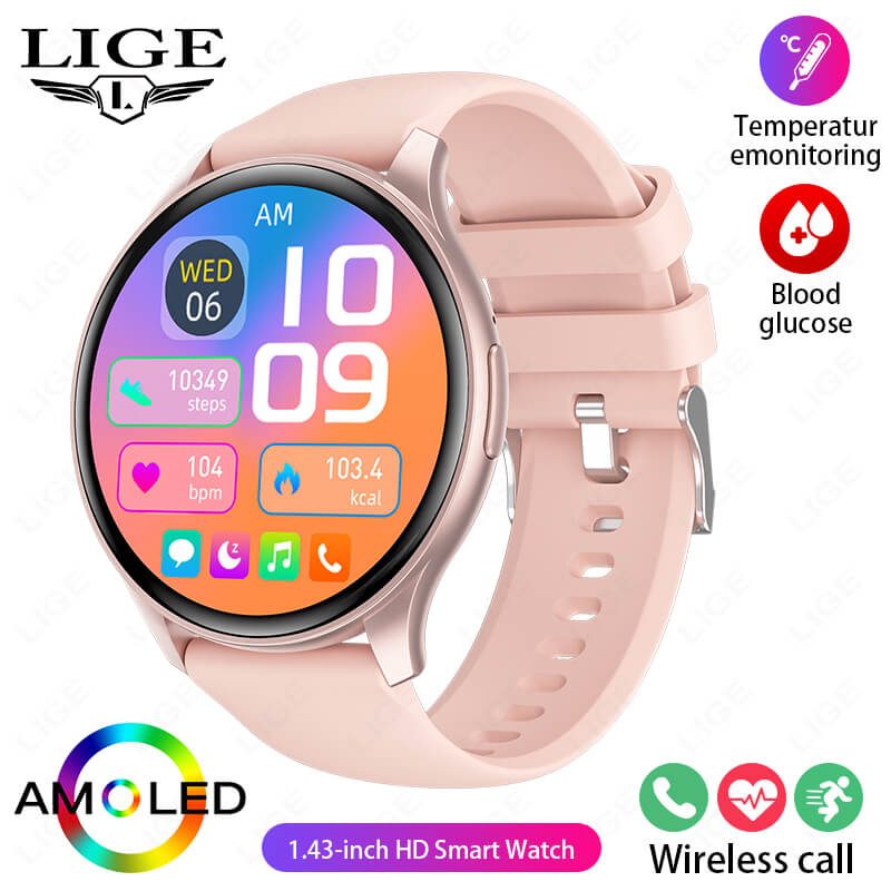 Pink Round Waterproof Lige Smartwatch for Women and Ladies