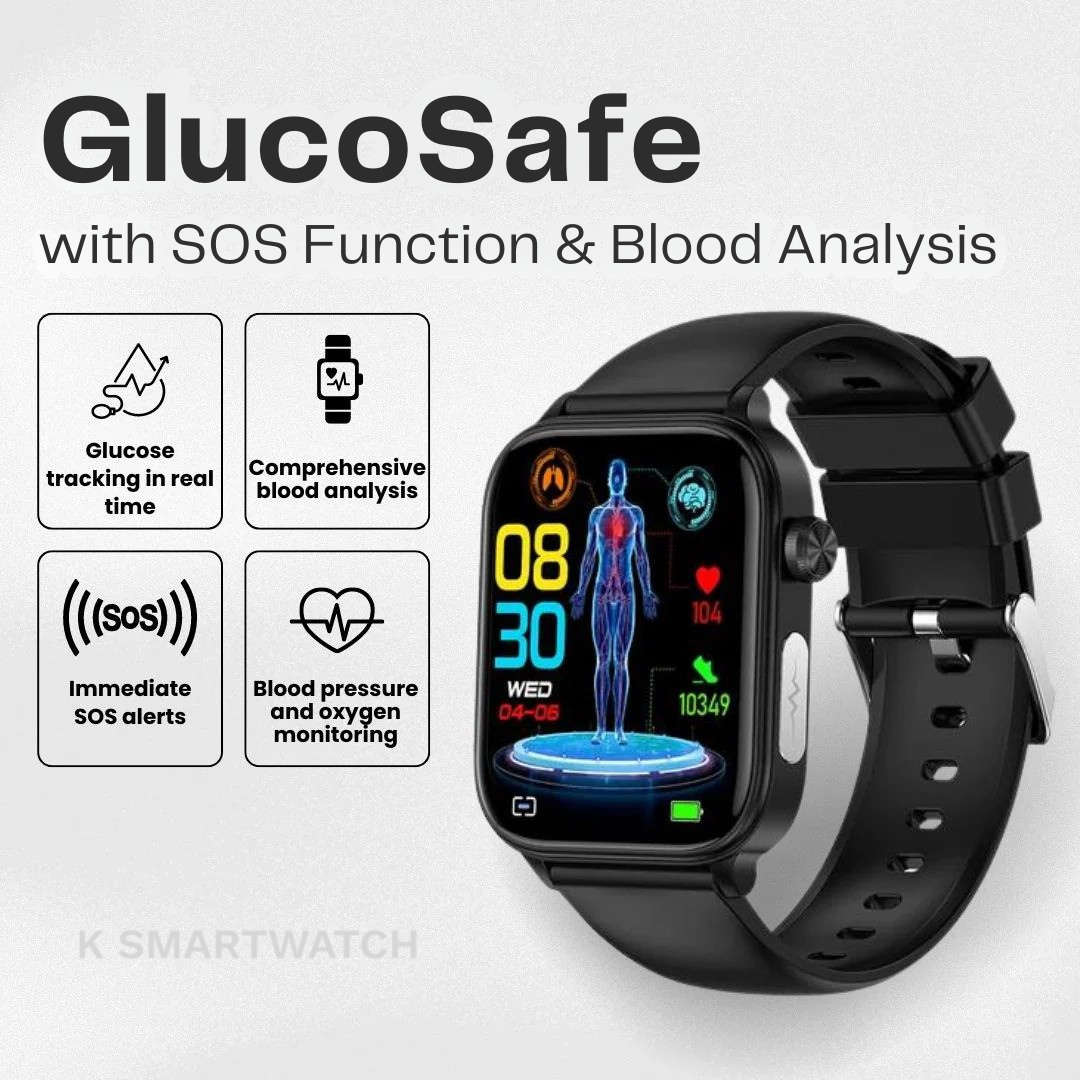 GlucoSafe SOS Smartwatch | Needle-Free Blood Glucose Monitoring & Fall Detection for Health Tracking and Emergency Assistance