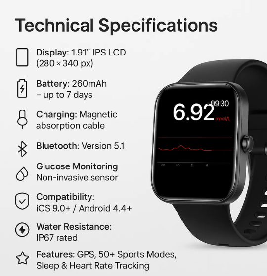 Smartwatch with Glucose Monitor – Non-Invasive Diabetes Tracker for Men & Women