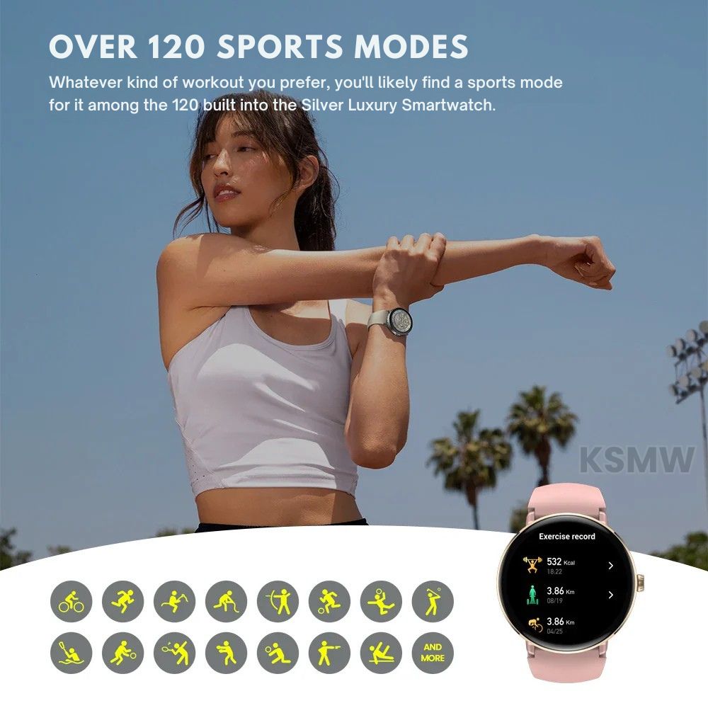 Women’s Silver Smart Watch – Slim AMOLED Smartwatch with Stainless Steel & Silicone Straps, Bluetooth Calls, Health & Fitness Tracking, Long Battery