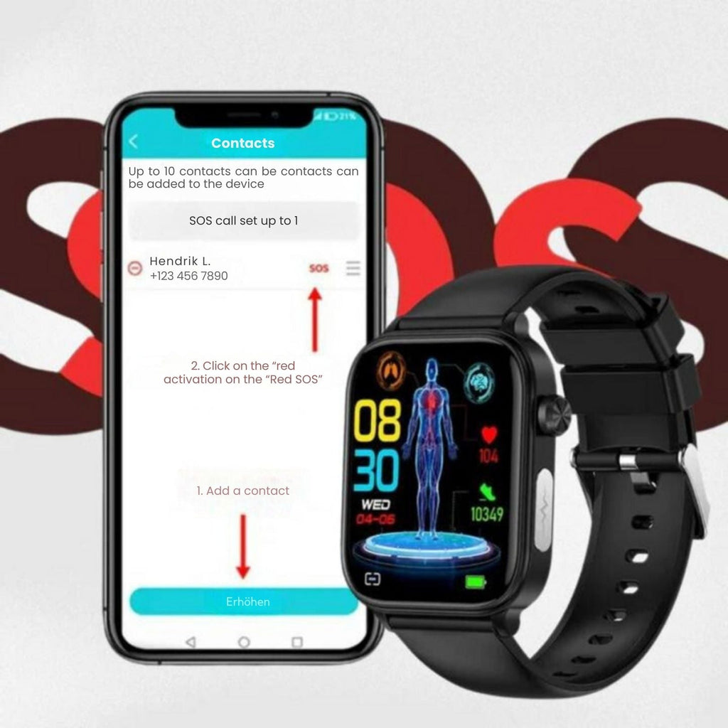 GlucoSafe SOS Smartwatch | Needle-Free Blood Glucose Monitoring & Fall Detection for Health Tracking and Emergency Assistance