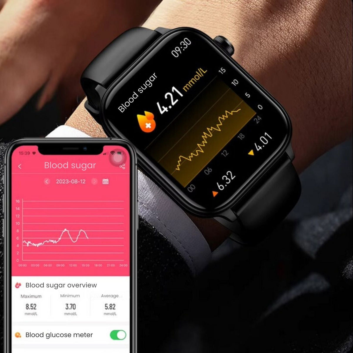 GlucoSafe SOS Smartwatch | Needle-Free Blood Glucose Monitoring & Fall Detection for Health Tracking and Emergency Assistance