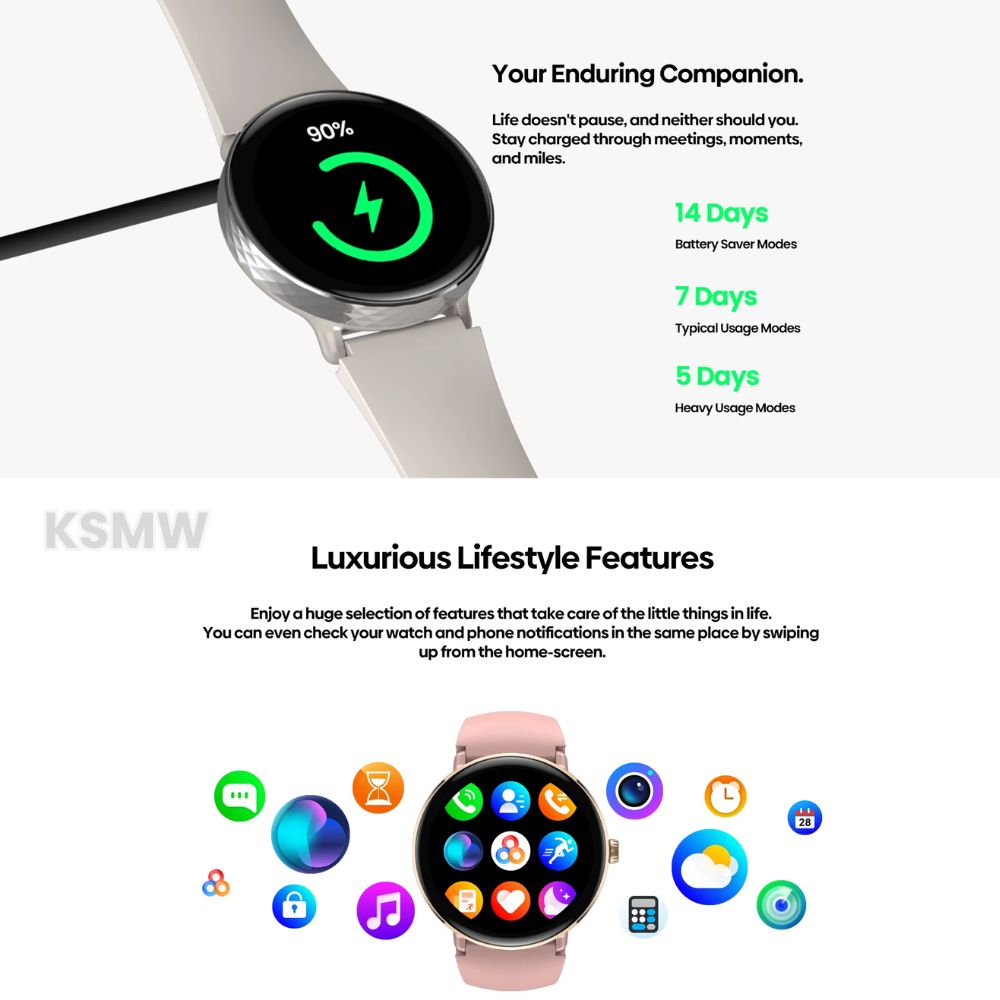 Women’s Silver Smart Watch – Slim AMOLED Smartwatch with Stainless Steel & Silicone Straps, Bluetooth Calls, Health & Fitness Tracking, Long Battery