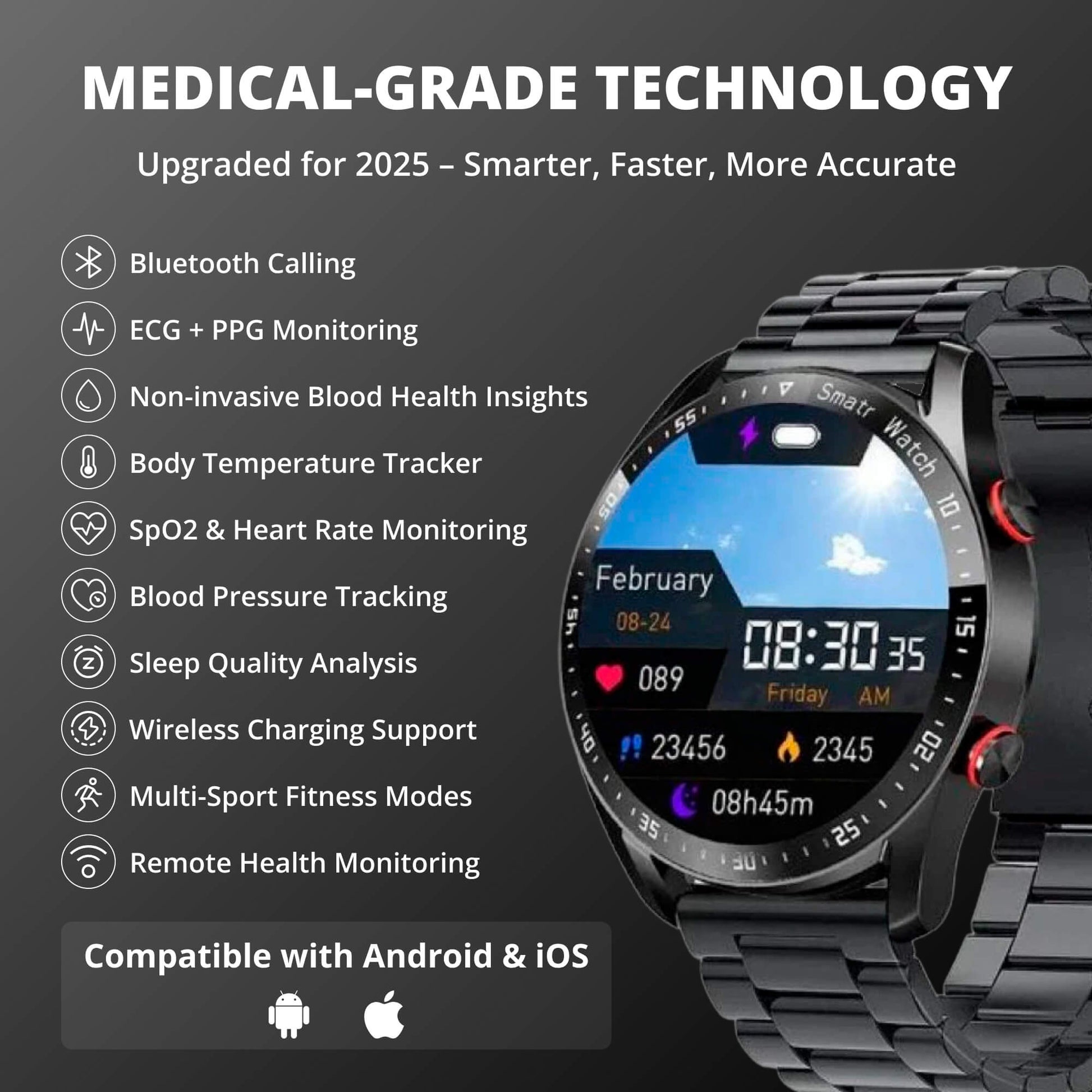 Diabetes Smartwatch with Glucose Monitoring – Non-Invasive Blood Sugar Tester for Health & Fitness