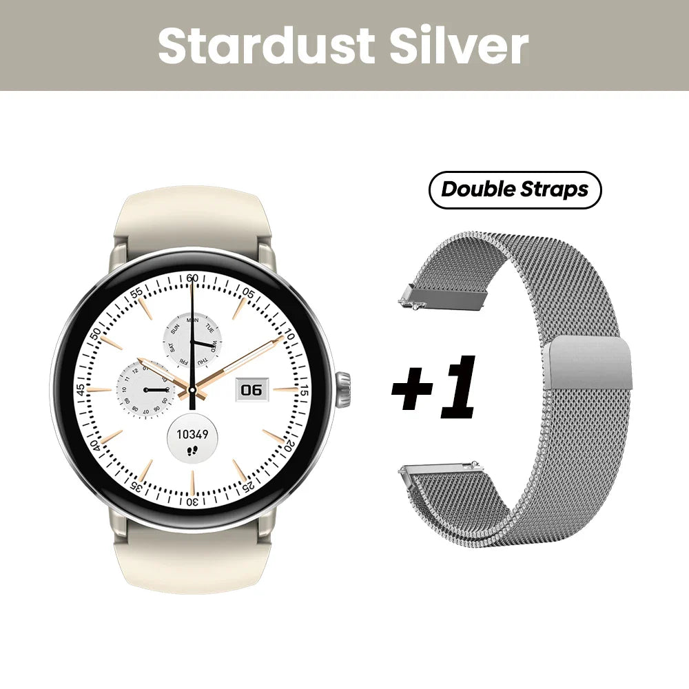 Women’s Silver Smart Watch – Slim AMOLED Smartwatch with Stainless Steel & Silicone Straps, Bluetooth Calls, Health & Fitness Tracking, Long Battery