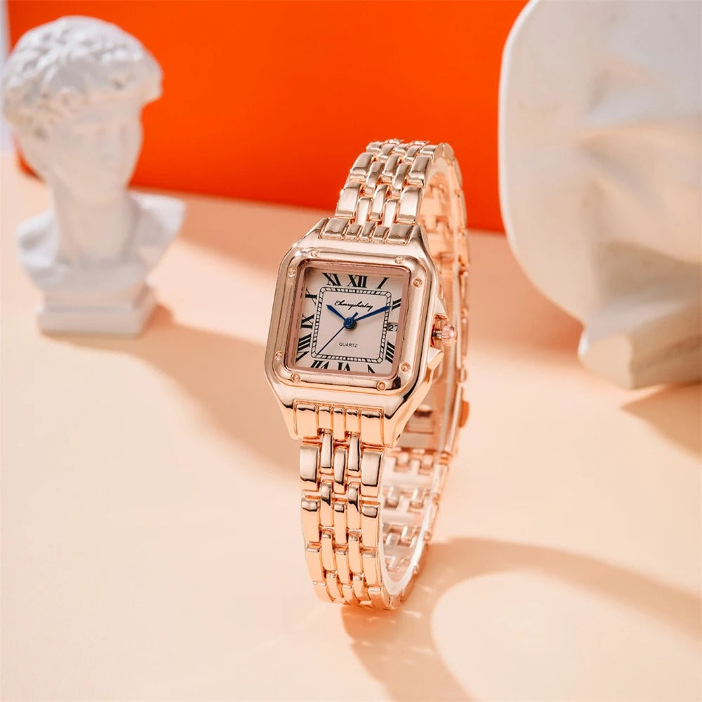 Luxury Alloy Ladies Watch - Gold or Silver Case & Bracelet Elegant Roman Design