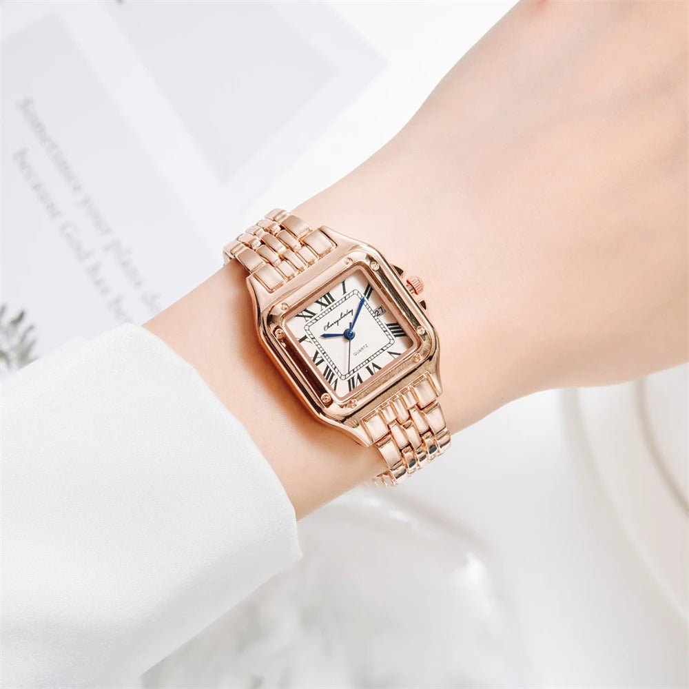 Luxury Alloy Ladies Watch - Gold or Silver Case & Bracelet Elegant Roman Design