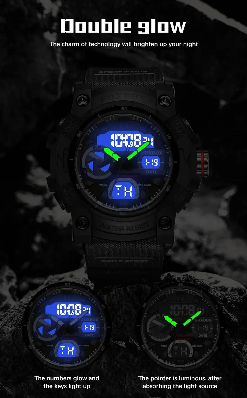 FoxBox: Rugged Waterproof Chronograph Dual Display Watch Shock Resistant